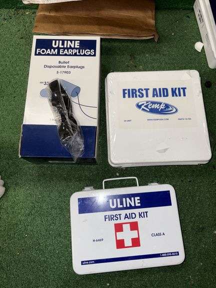 Uline foam ear plugs, Uline first aid kit and Kemp first aid kit image