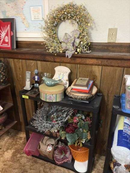 Shelf and all includes wreathes, trophies, holiday cups, etc image