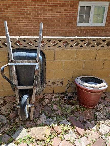 Wheel Barrow, Plastic Flower Pots, Black Stand image