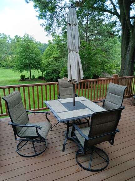 42" metal patio table w/ umbrella and stand and 4 swivel chairs image