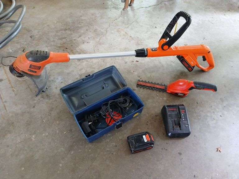 Black & Decker 20V string trimmer, chargers, batteries and rechargeable mini hedge trimmers image