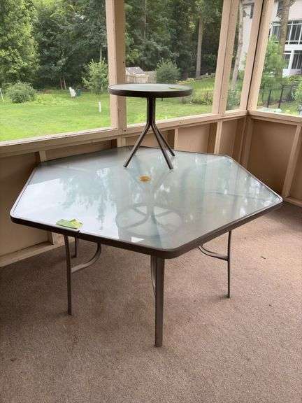52” hexagon glass topped patio table and 21” round glass topped patio table image