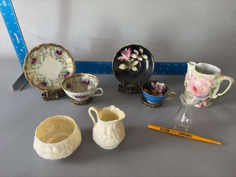 Misc. dishes-Belleek cream and sugar, Bavaria creamer, cups and saucers on fancy holders image