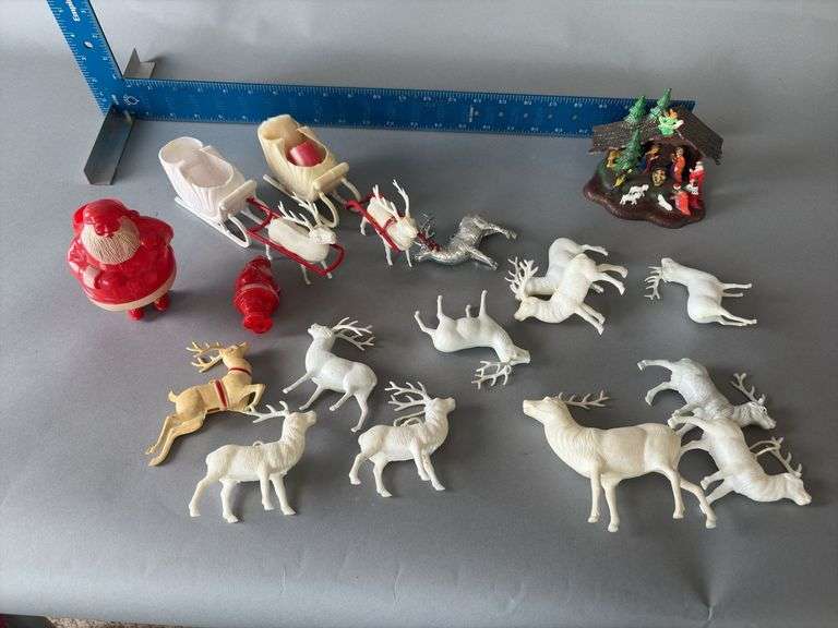 Vintage Christmas includes hard plastic Santas, reindeer, sleighs image