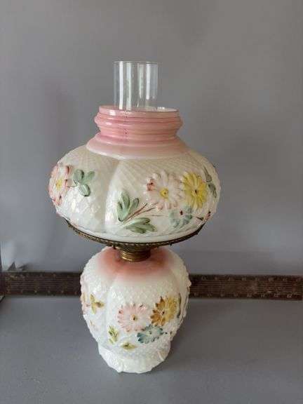 17” tall milk glass oil lamp with cosmos pattern image