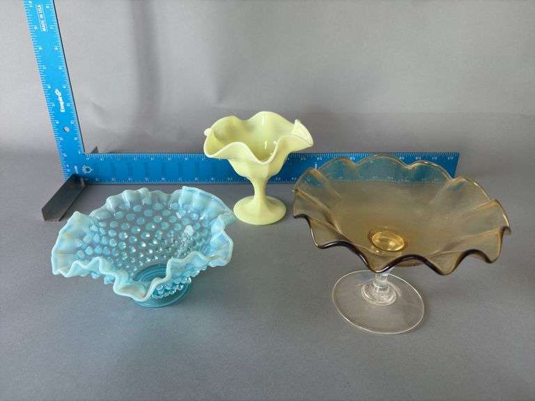 Three compotes-soft yellow strawberry design, blue hobnail, amber image
