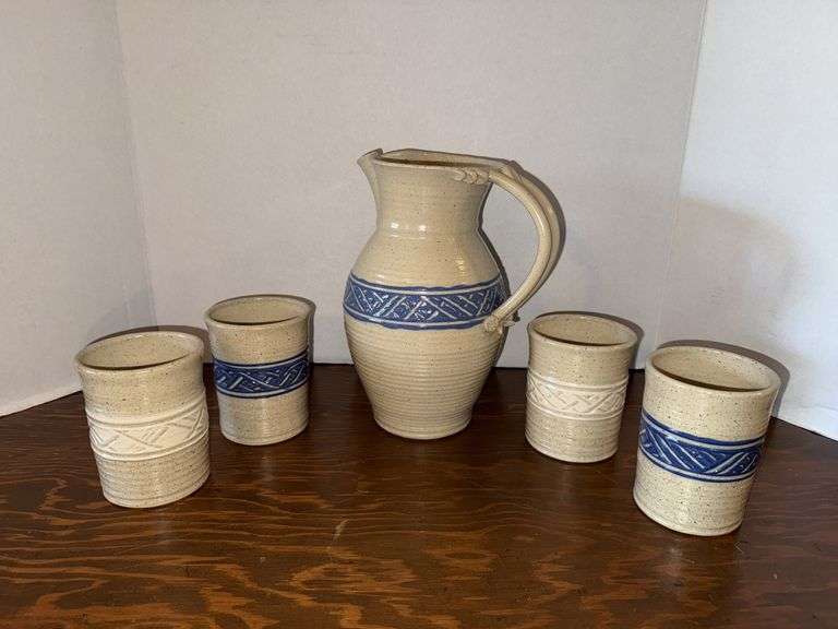 Ceramic pitcher and 4 glasses image