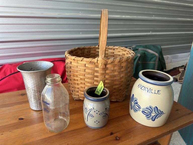 Large basket w/handle, Pottery and milk bottle image