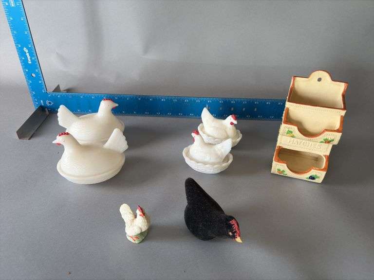 Hens on nests, chicken pin cushion, ceramic match holder image