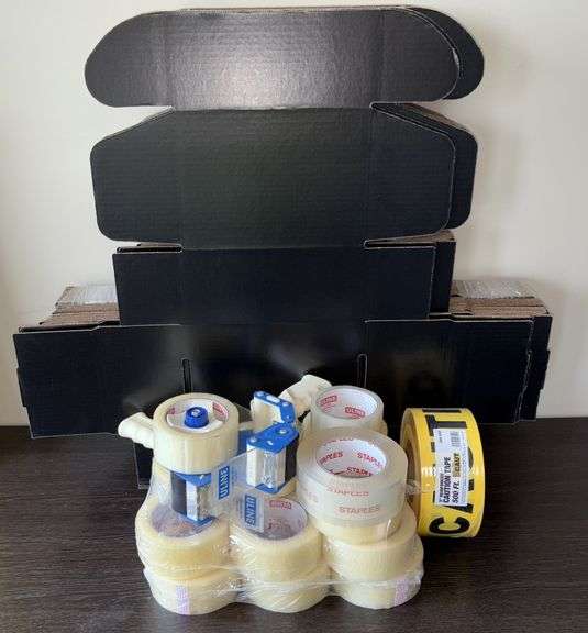 Quantity of Staples brand packing tape, dispensers, boxes, 500’ roll CAUTION tape image