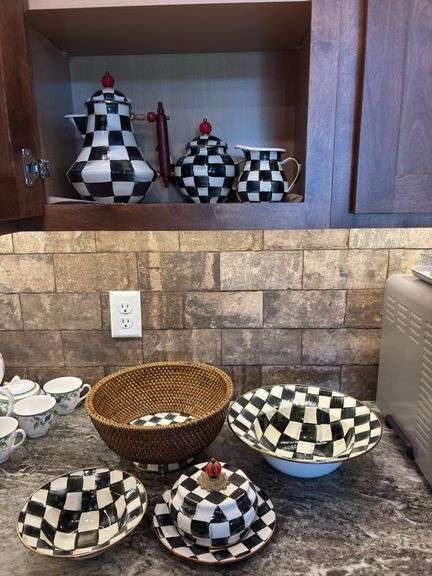 MacKenzie-Childs coffee server, tea pot, creamer, bowls and serving pieces