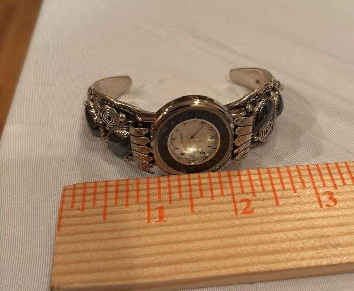 Vintage Native American Cuff watch band marked RB Sterling, Quartz watch image
