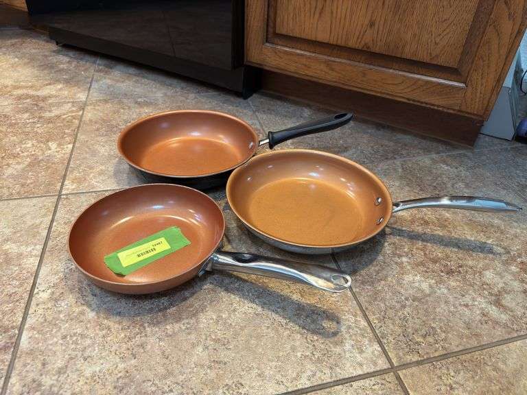 Three copper skillets-8” Copper Chef, 10” Farberware and 10” Gotham Steel image