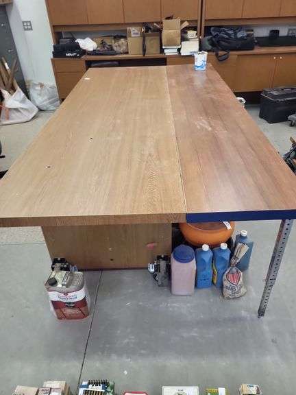 Large table 48x96x31 on wheels with drawers . Please schedule pickup late/last bring help image