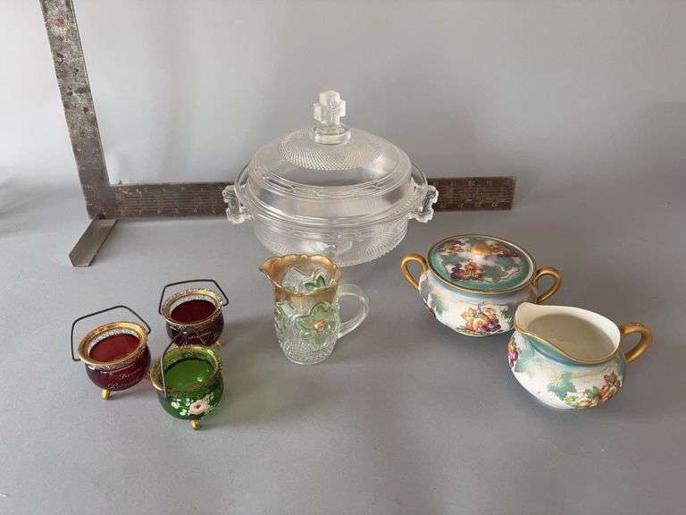 Hand painted cream & sugar, souvenir glass, EAPG 4-footed covered serving bowl with cross finial image