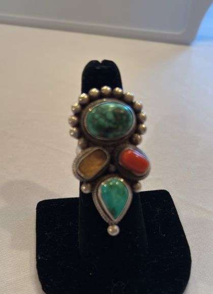 Vintage Native American Turquoise and Coral Ring, marked 925, missing a stone, size is approximately 6 image