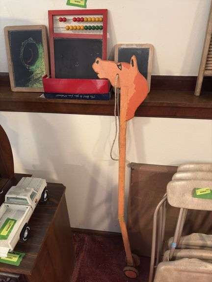 3 school slates and stick horse