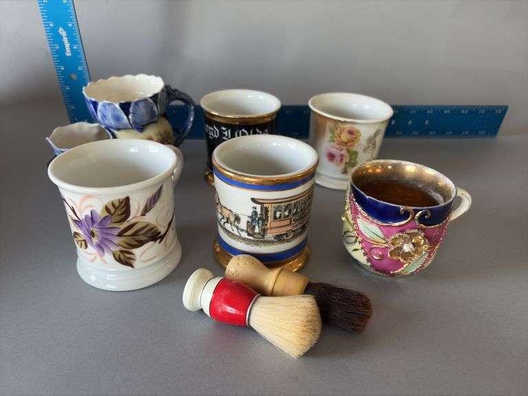 Six barber mugs, 2 brushes image