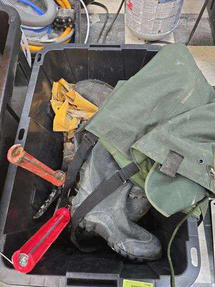 Size 12 chest waders, rain coats, boots etc and a $10 tote w/lid image