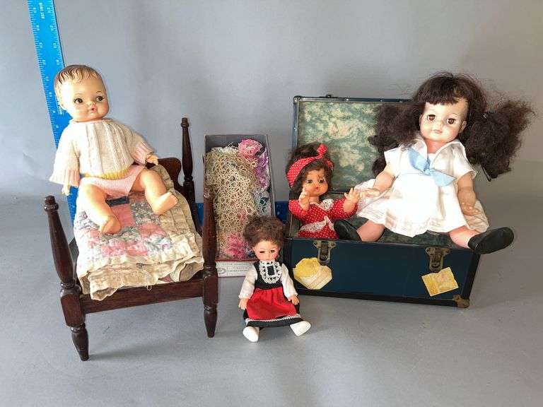 Small doll steamer trunk, 11" 4 poster doll bed and dolls and lace image