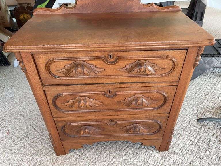 Walnut 3 drawer dresser w/ backsplash and carved drawer pulls 16D x 30L x 30H image