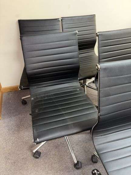 Five rolling adjustable height office chairs, see photos for condition