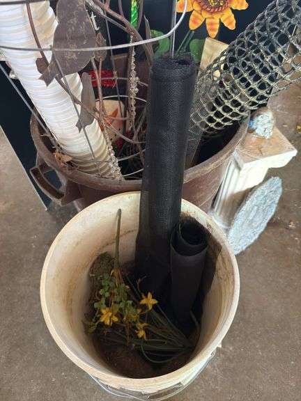 Yard decor, tomato cage, 5 gallon buckets, tree guards, trash can