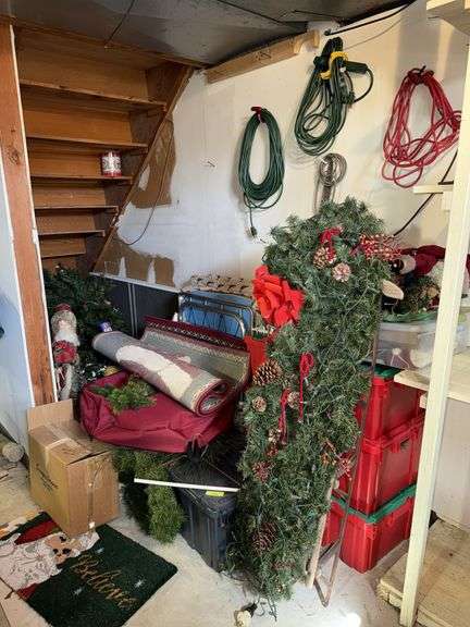 4 storage totes of christmas, wreaths, sleigh, cot and much, much more image