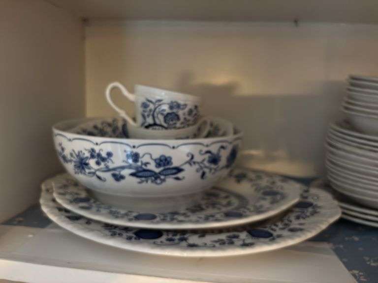 Blue Onion design dishes, platters, bowls, cups and saucers-bring box to pack image
