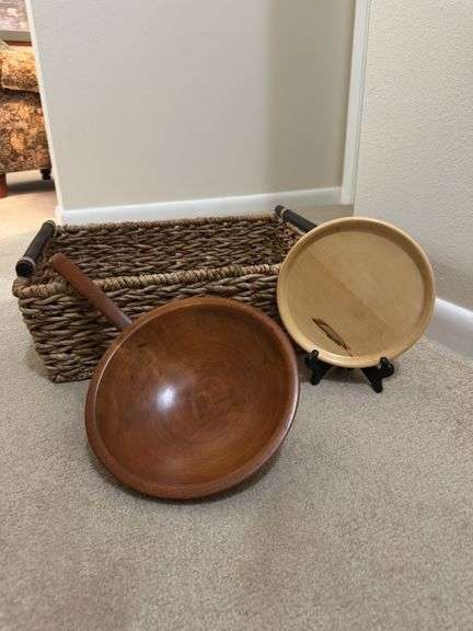 Rectangular handled basket, Munising wooden bowl with handle and buckeye trivet
