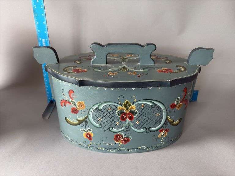Rosemaled pine box used as a food hamper, does not appear to open. image