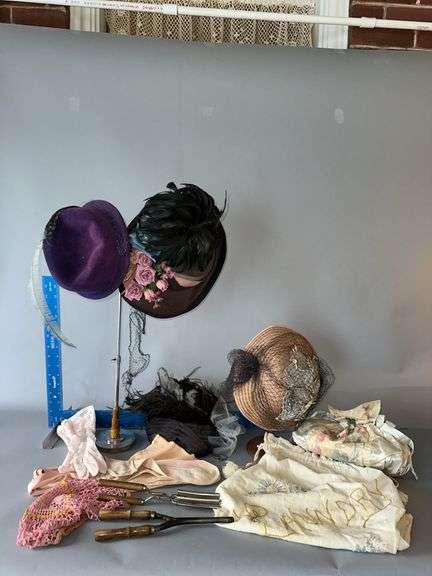 Ladies hats, hat stand and shoe display rack, gloves, silk purse image