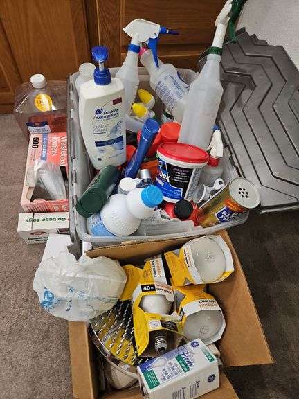 Cleaning Supplies - Full/New Bottles, Toliet Bowl Cleaner,  Drano (New) Trash Bags, Soap, Light Bulbs