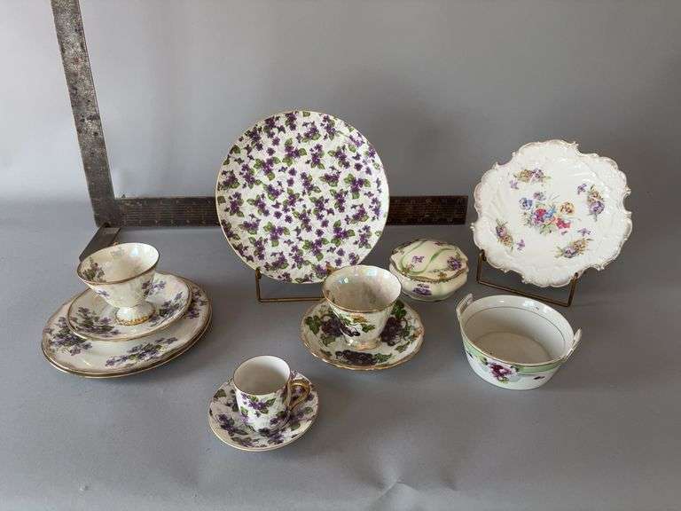 Various pieces of hand painted china with purple flowers, grapes for October & February image