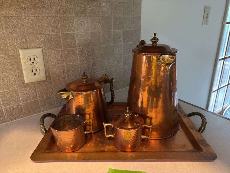 Copper handmade Colonial Virginia coffee pot, tea kettle, cup, sugar bowl and serving tray image