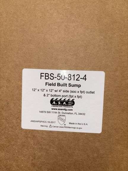 ASA field built sump 12x12x12 w/ 4” side outlet and 2” bottom port Part FBS-50-812-4 image