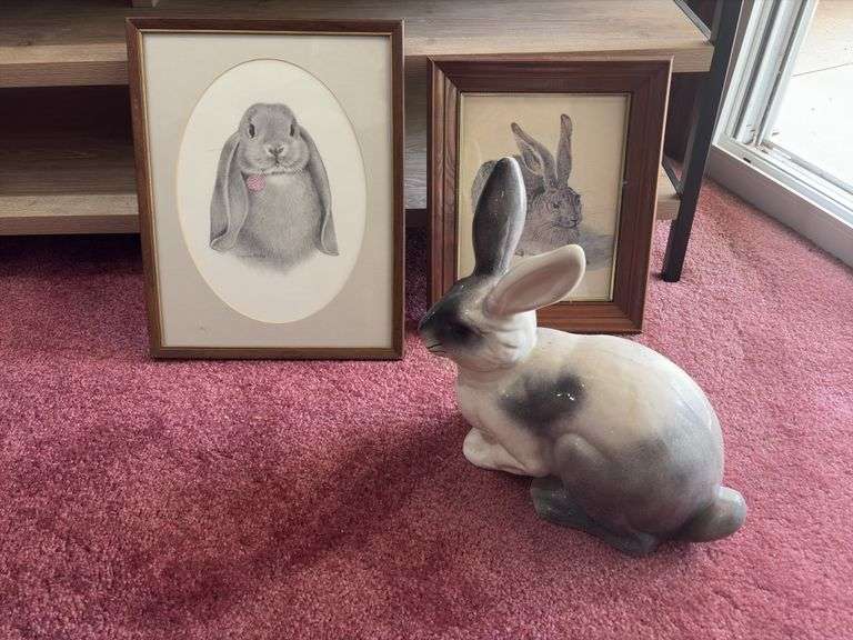 Ceramic rabbit and 2 prints image