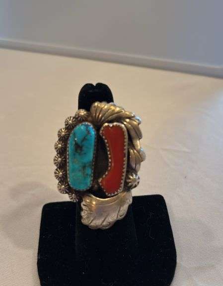 Italian Red Coral and Turquoise Ring, no markings, size approximately 7 image