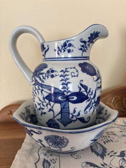 Blue Onion pattern Viema Woods Fine China Pitcher 9” tall and bowl image