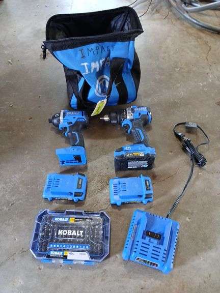 Kobalt 24V impact driver, drill, charger (3) 2Ah batteries, bits and bag image