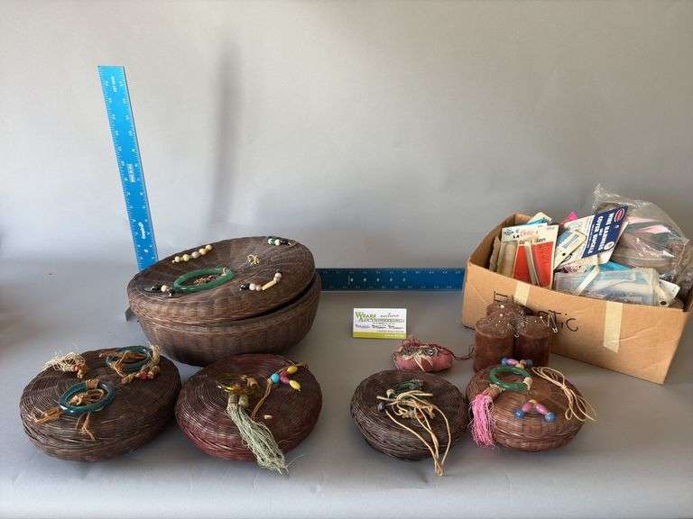 Small, Medium and Large sewing baskets and a box of notions image
