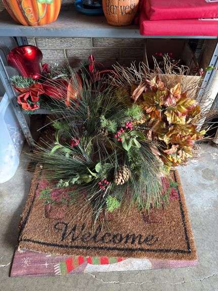 Shelf and all includes holiday decor, stadium cushions, bird feeder, outside entry mats, etc