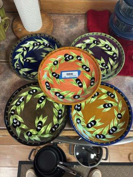 Set of five large pasta bowls Gates Ware by Lori Gates Olive themed image