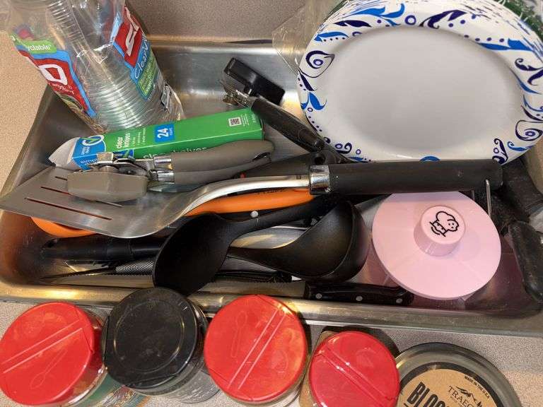 Kitchen seasonings, three large stainless steel chafing pans, kitchen utensils, kitchen disposables