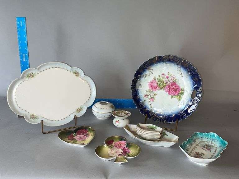 Variety of handpainted china, nut dishes, hair receivers, dresser tray etc... image