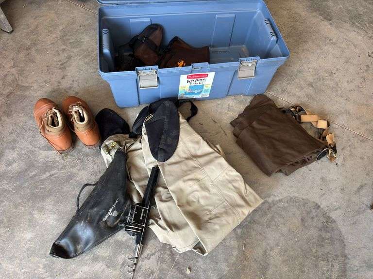 Various Fishing Waders, size 10 boots, folding fishing poles in blue licking tub