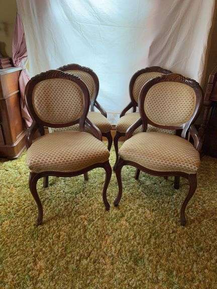 4 walnut carved back dining chairs image