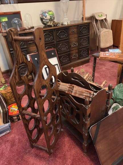 Wine rack, magazine rack, half table, wood shelf, plastic step stool and more