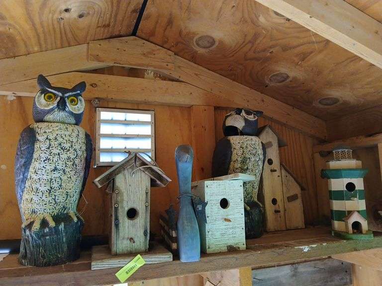 4 decorator bird houses and owl bird detractors image