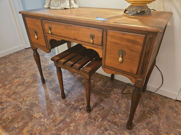 Vintage Wood Vanity and Stool 42 x 21 x 30h, No Contents image